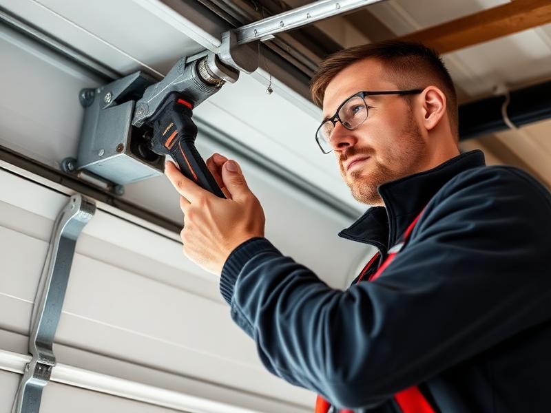 Repair garage door service - professional technician performing repair work